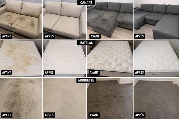 Planche avant / après : canapé, matelas et moquette nettoyés par Clean Flash 74