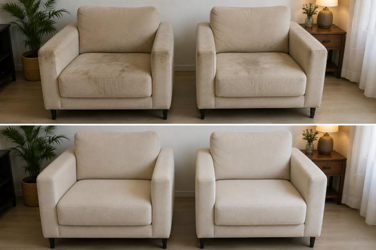 Planche avant / après : deux fauteuils en tissu nettoyés par Clean Flash 74