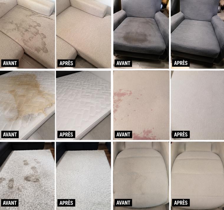 Planche de réalisations avant / après : canapés, matelas et moquettes nettoyés par Clean Flash 74