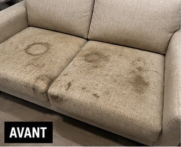 Canapé 2 places en tissu avant nettoyage — taches incrustées sur l'assise