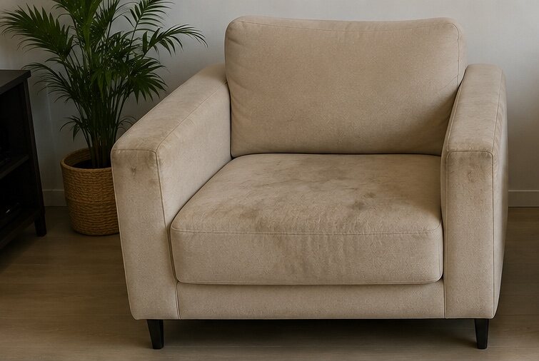 Fauteuil en tissu avant nettoyage, taches visibles sur l'assise