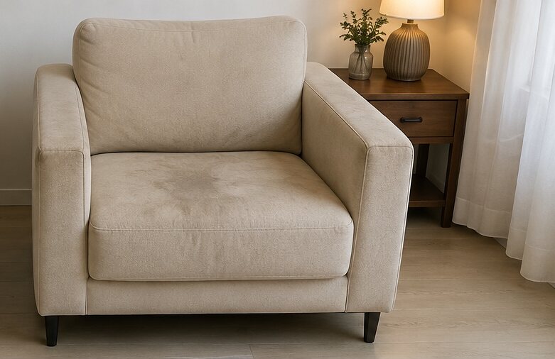 Fauteuil de salon avant nettoyage — tissu défraîchi